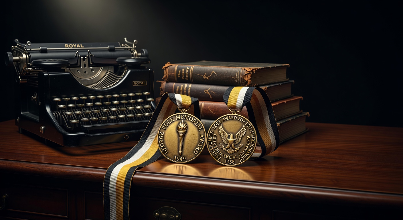 Vintage journalism award trophies on wooden desk showing George Polk Award and Gerald Loeb Award medals